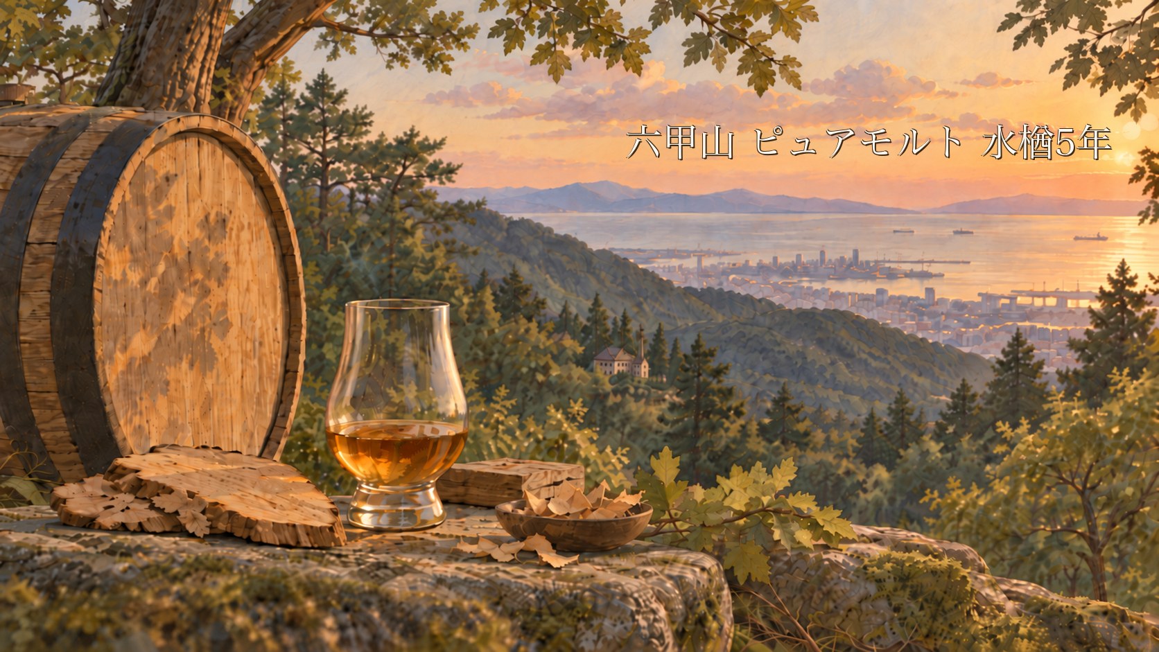 六甲山 ピュアモルト 水楢5年のイメージイラスト。樽とグラス、森ごしに神戸の港町