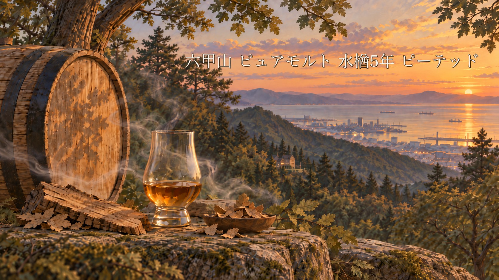 六甲山 ピュアモルト 水楢5年 ピーテッドのイメージイラスト。やわらかな煙と樽、森ごしの港町