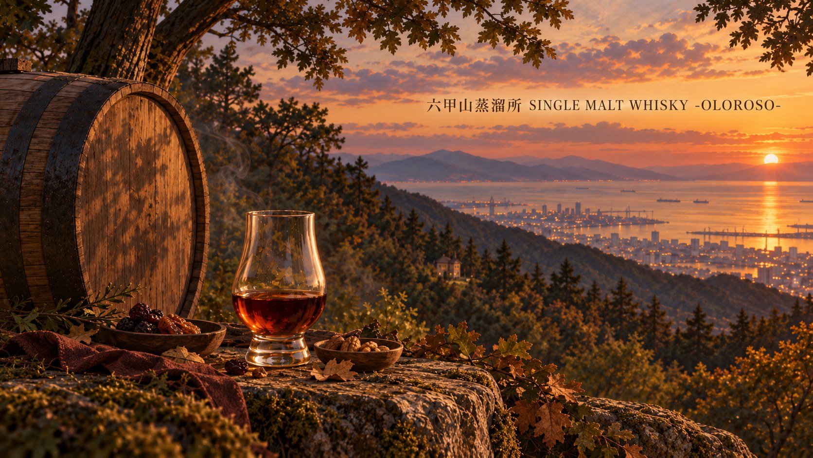 六甲山蒸溜所 SINGLE MALT WHISKY -OLOROSO- のイメージイラスト。濃い琥珀のグラスと樽