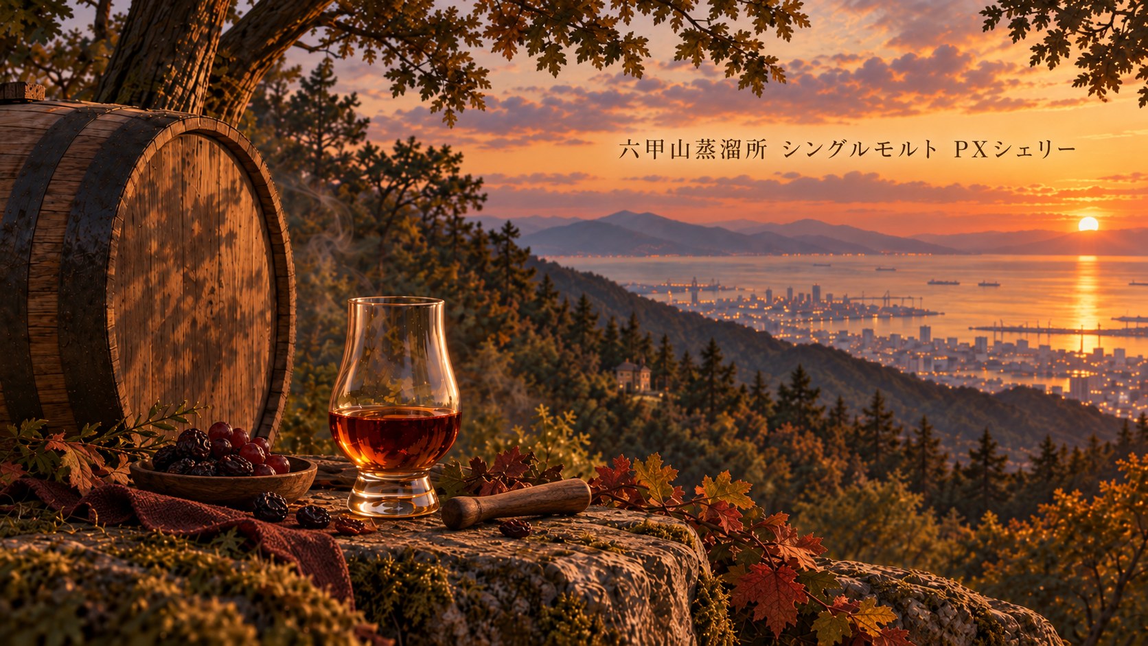 六甲山蒸溜所 シングルモルト PXシェリーのイメージイラスト。樽材のマドラーとグラス