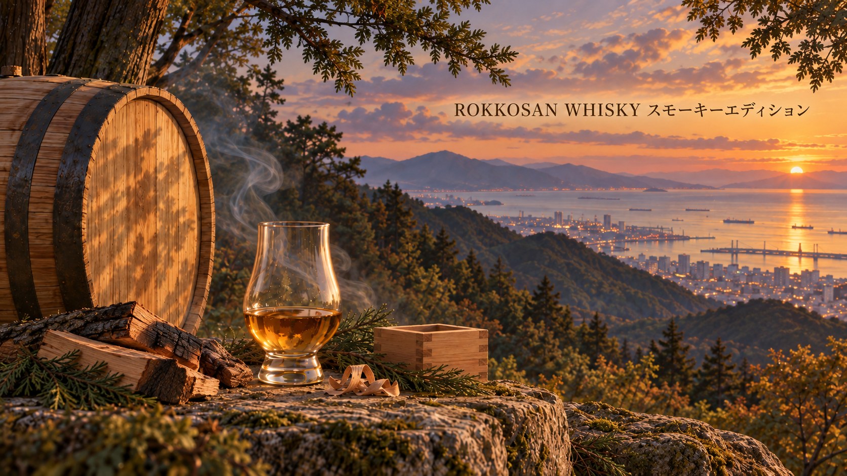 ROKKOSAN WHISKY スモーキーエディションのイメージイラスト。焚き火の薪と煙、山ごしの港と夕陽