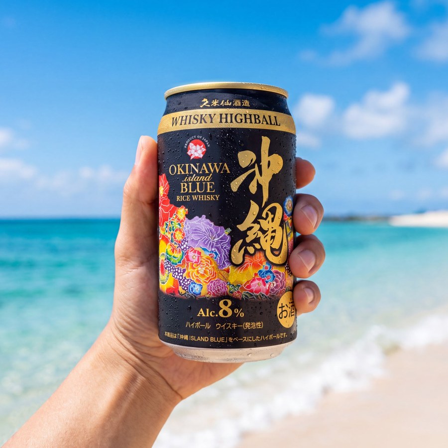 沖縄の海を背に手に持った沖縄 ISLAND BLUE ハイボール缶